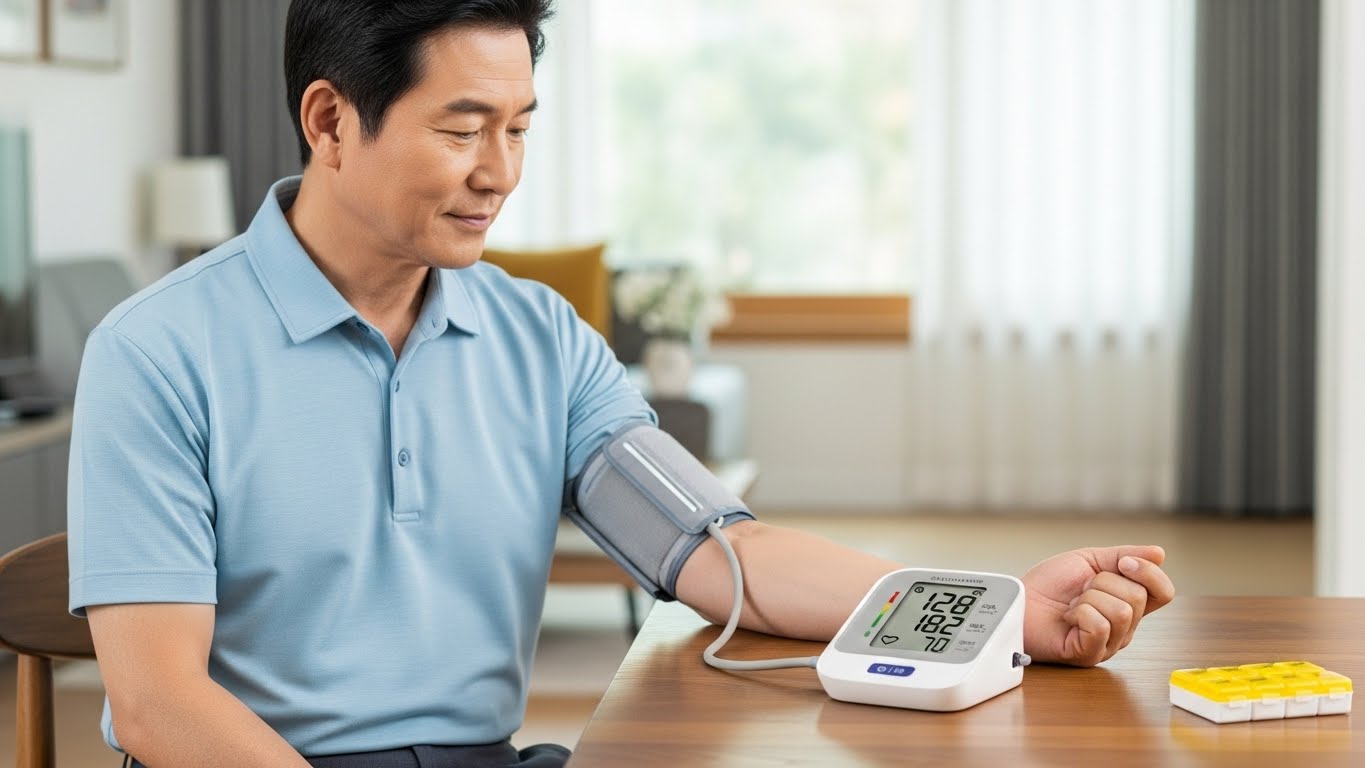 혈압계로 혈압 측정 중인 중년 남성