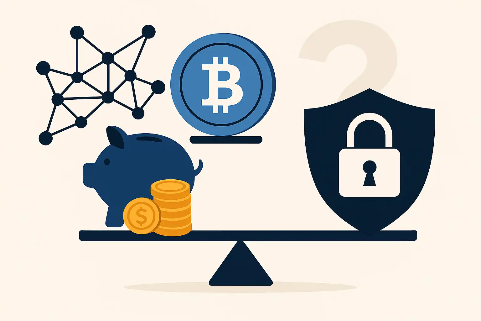 탈중앙화 적금 서비스를 상징하는 비트코인과 저금통, 보안 자물쇠 아이콘이 저울 위에서 균형을 이루는 일러스트