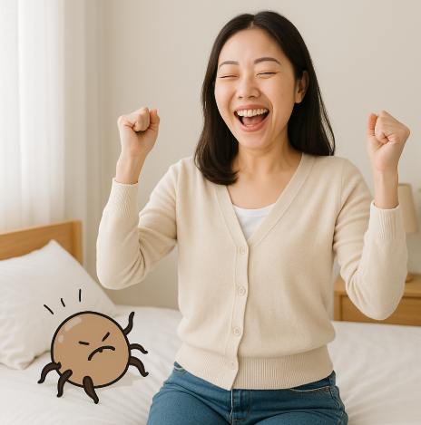 침대의 집먼지 진드기로부터 해방되어 기뻐하는 동양인 주부