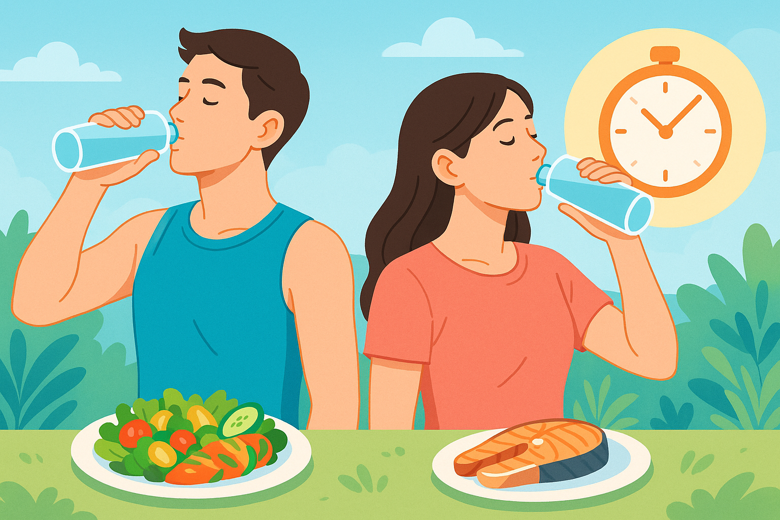 중앙에는 시원한 배경 속에서 물을 마시는 젊은 남녀가 간헐적 단식을 실천하는 모습