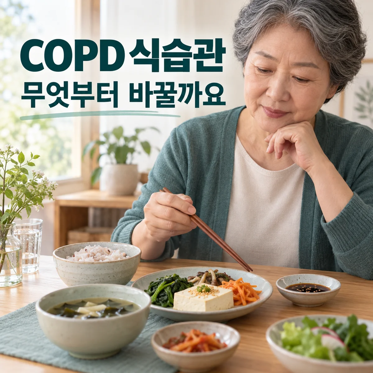 COPD 식습관과 무엇부터 바꿀까요 문구 아래 소스를 따로 둔 식탁을 바라보는 어르신
