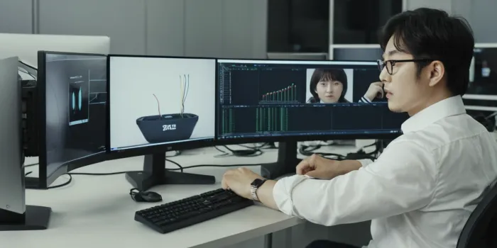 책상 위에서 케이블을 확인하며 듀얼모니터 설정을 준비하는 장면