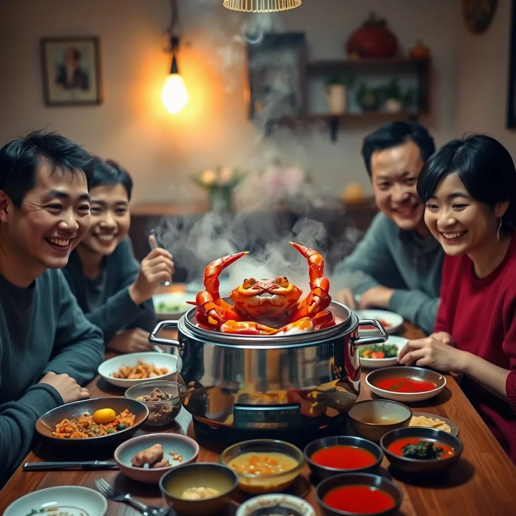 김이 모락모락 나는 꽃게찜을 중심으로 가족들이 둘러앉아 즐겁게 이야기를 나누며 꽃게를 먹는 모습입니다. 따뜻하고 행복한 분위기&amp;#44; 포근한 가족의 정이 느껴지는 장면입니다. 