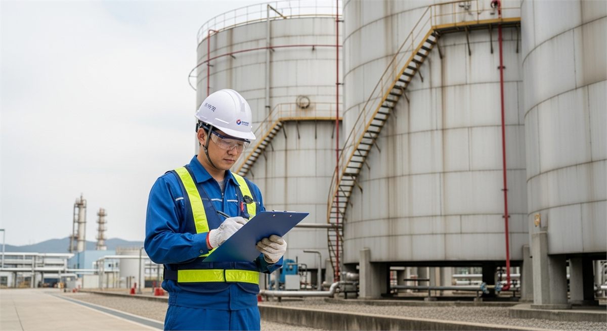  정유 설비 주변에서 항공유 관련 점검을 하는 현장 모습 