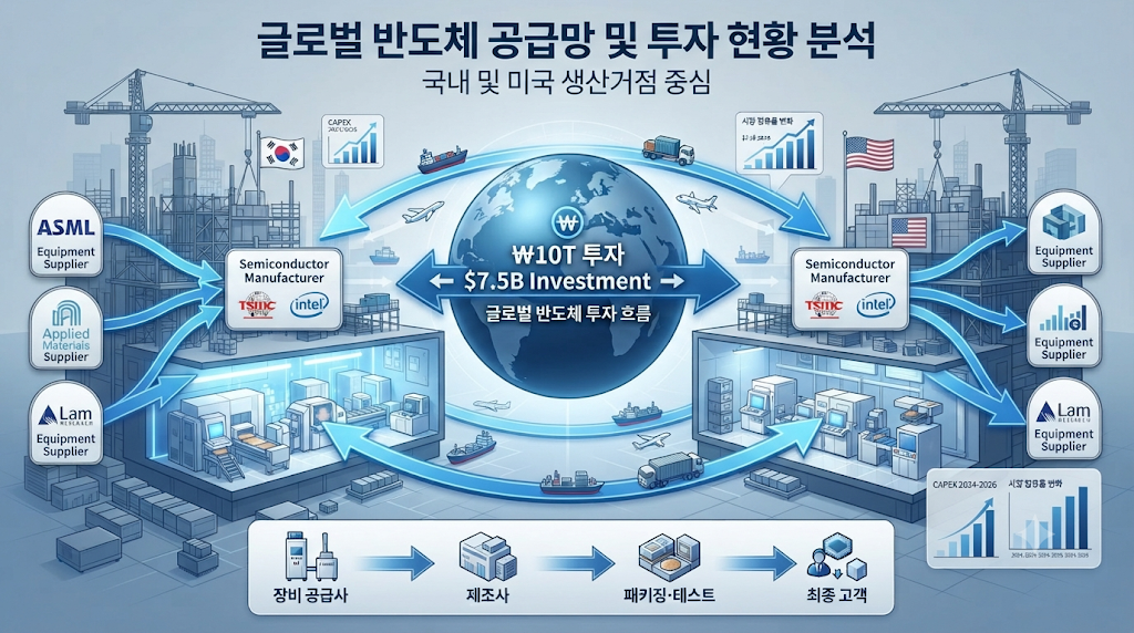 삼성전자 신규 반도체 팹 투자와 반도체 장비 공급망을 보여주는 개념도