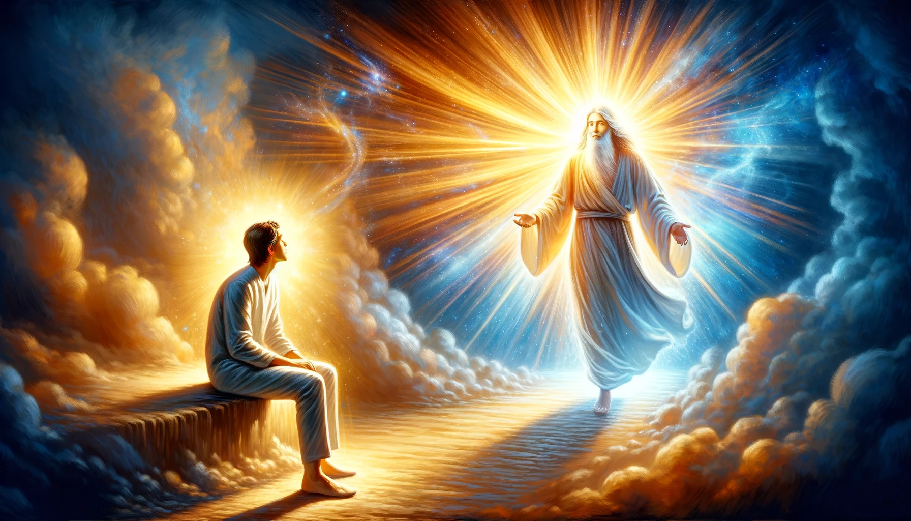 믿음이 없을 때 예수님께서 믿음을 갖도록 자신을 보여주심 - Here is the image illustrating the moment when the Lord reveals Himself to someone with wavering faith. The radiant figure and the individual's expression of awe and realization in the bright, hopeful setting aim to capture the essence of this transformative encounter.