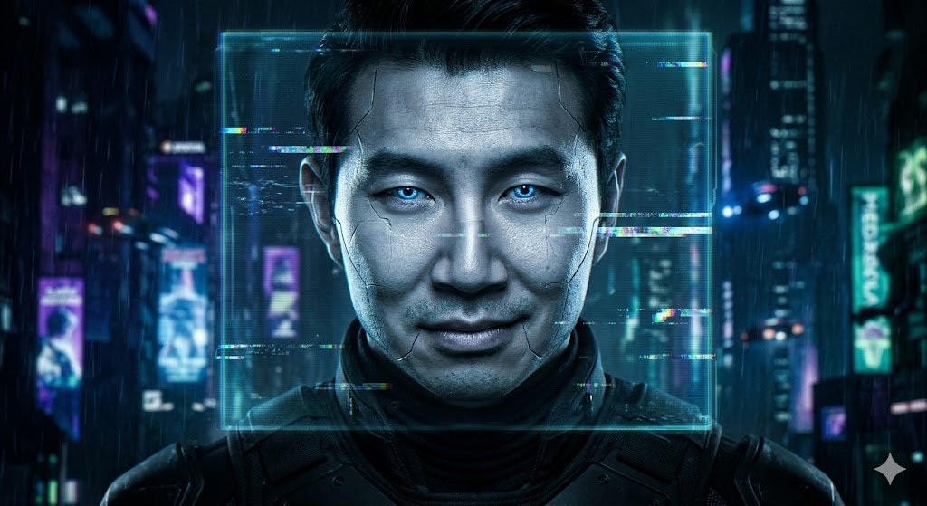 넷플릭스 영화 아틀라스 후기 차가운 금속 피부를 드러낸 AI 테러리스트 시무 리우가 홀로그램 화면 너머로 멸망을 선고하며 서늘한 미소를 짓는 모습