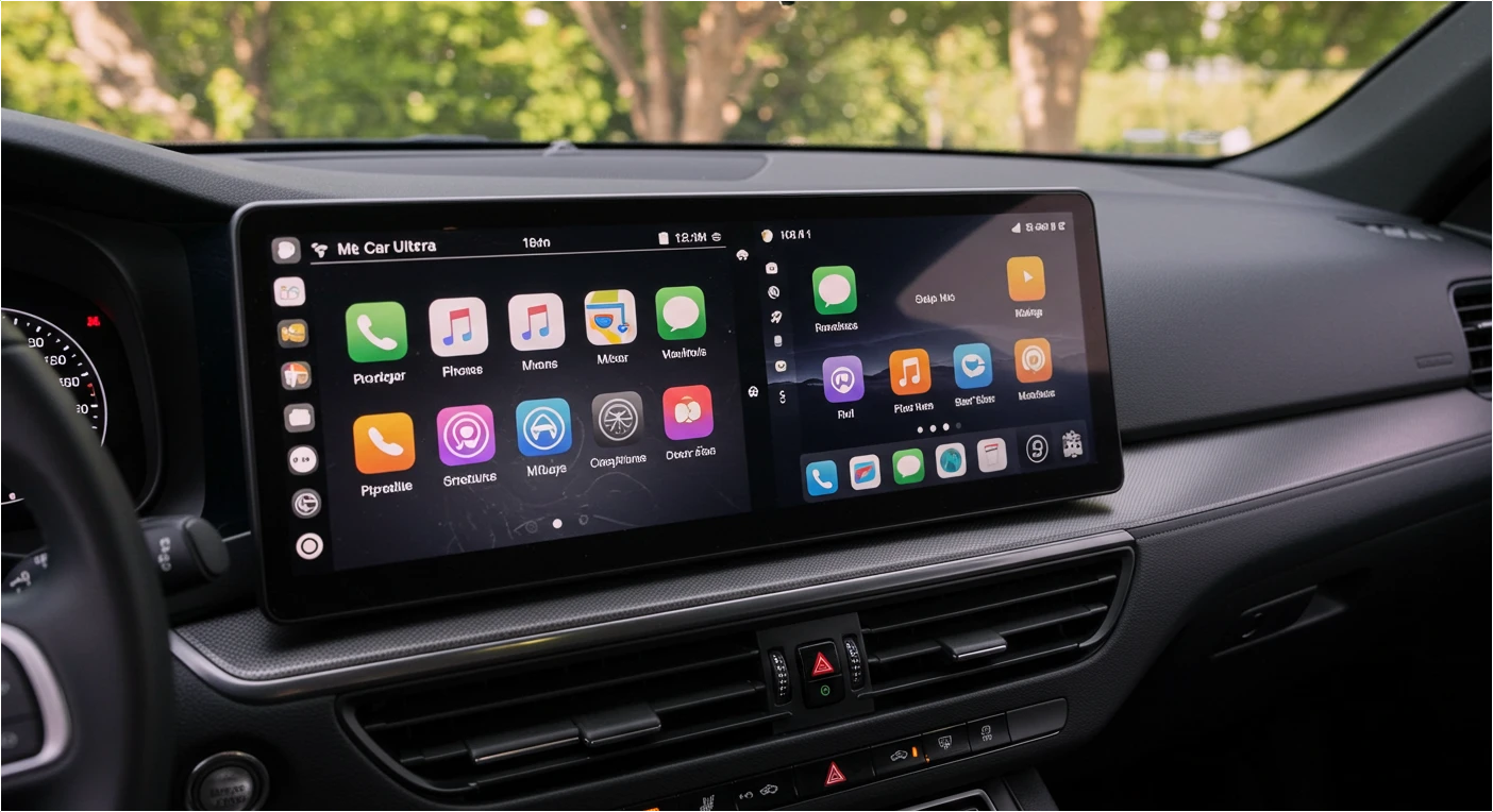 차량 내부 화면에 CarPlay Ultra가 실행 중이며, 센터패시아와 계기판에 ChatGPT 대화창과 음악, 내비게이션 UI가 동시에 표시된 모습.