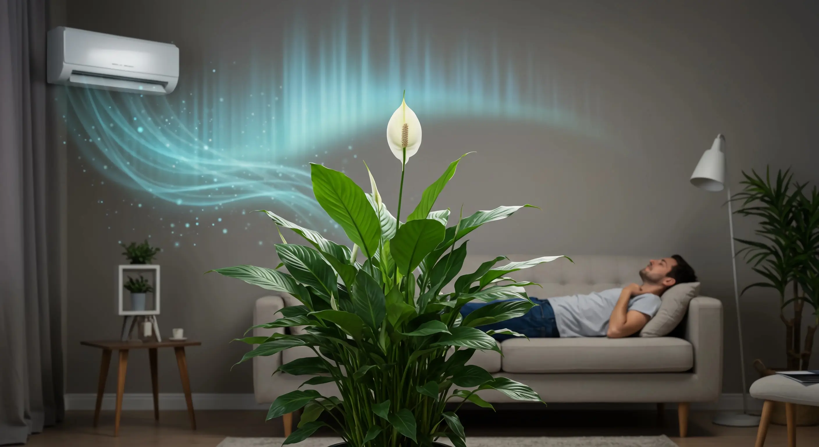 거실 소파에서 휴식을 취하는 남성과 함께 신비로운 청록색 오로라 같은 공기 정화 효과를 시각적으로 표현한 스파티필럼(평화백합) 화분