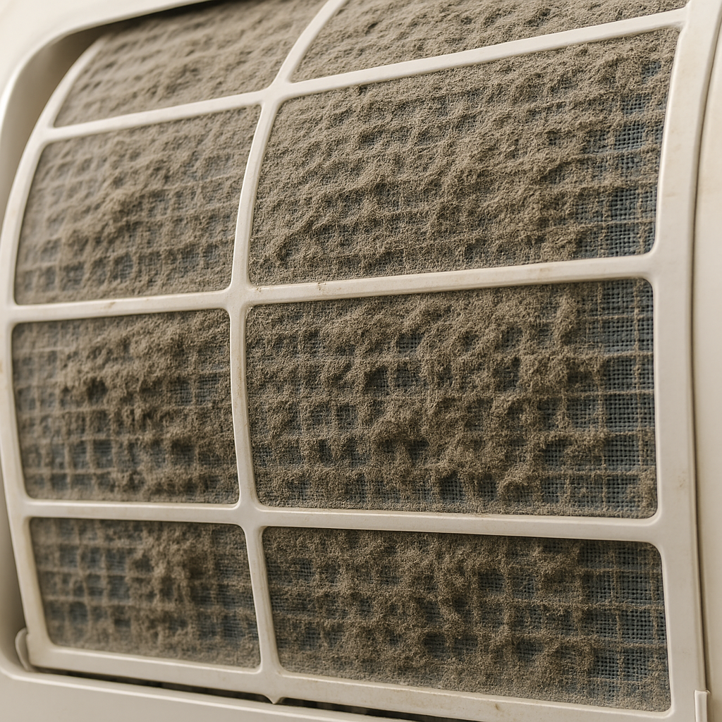 심하게 먼지가 쌓인 에어컨 필터의 클로즈업 이미지