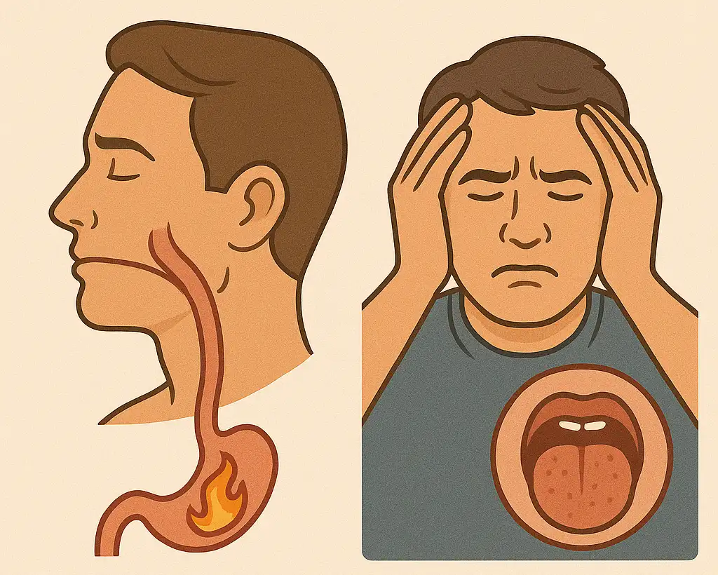 속 쓰림을 표현한 사람의 옆 얼굴과 혀 연결선이 이어진 그래픽, 스트레스를 받는 사람의 입안 통증