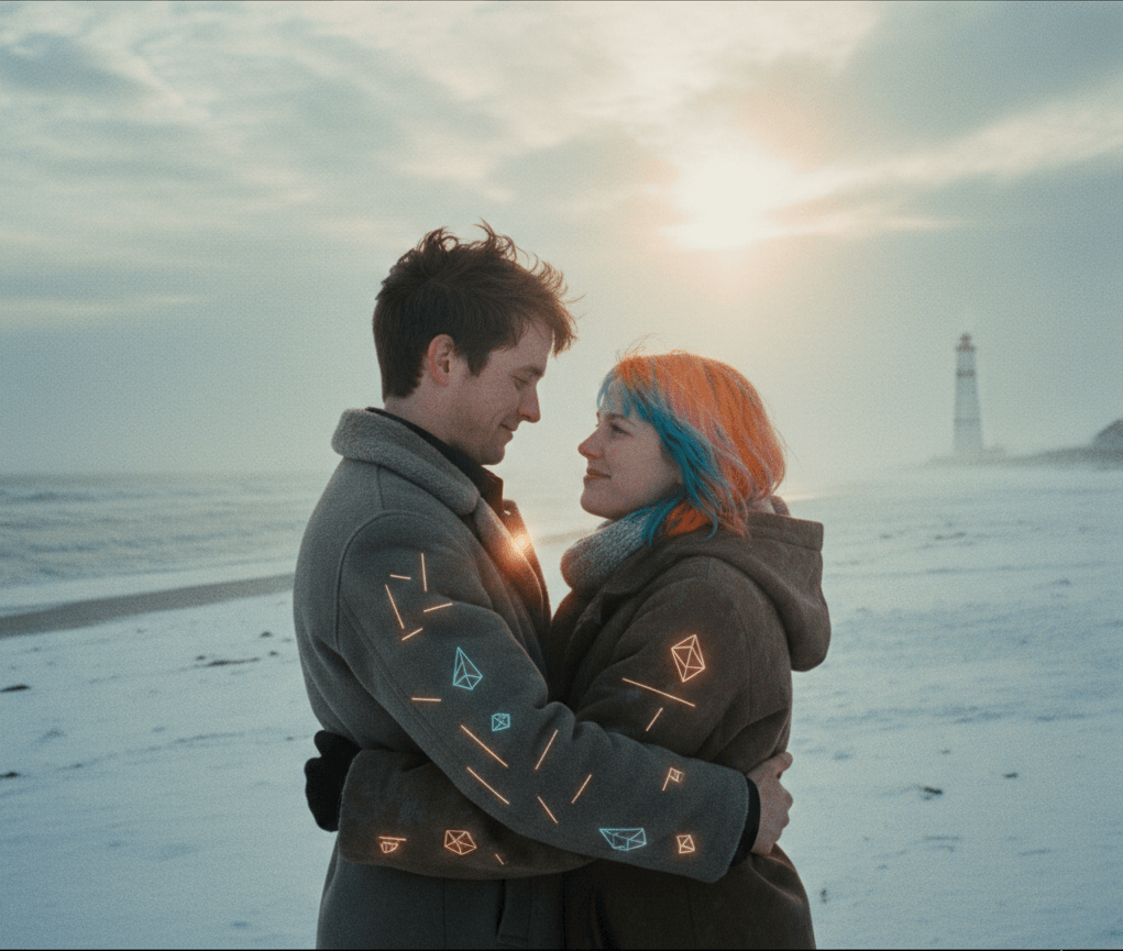 영화 이터널 선샤인의 몬탁 해변을 배경으로 기억의 조각들과 함께 마주 선 남녀