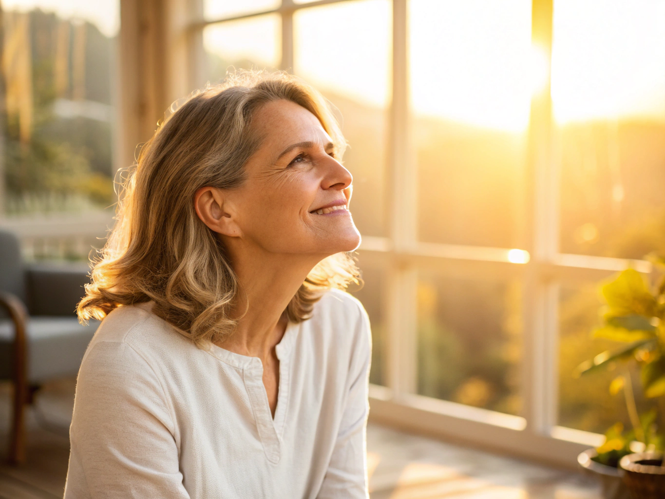 밝은 얼굴로 창문밖을 응시하는 여성의 모습
