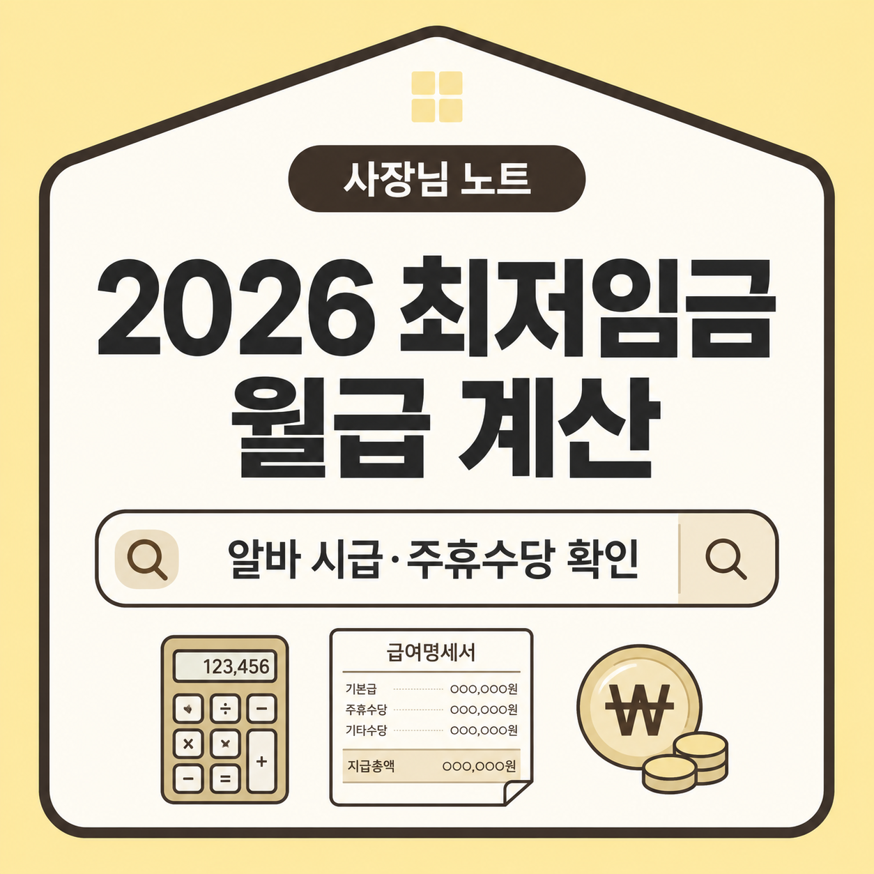 2026년 최저임금 10,320원을 기준으로 알바 시급, 일급, 주급, 월급, 주휴수당 계산 기준을 정리한 사장님 노트 대표 이미지