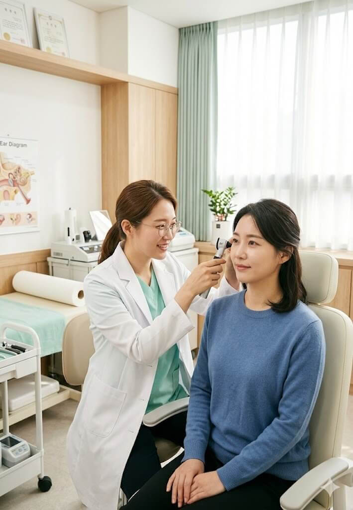 이비인후과에 방문하여 귓속을 검사중인 여성의 모습과 의사