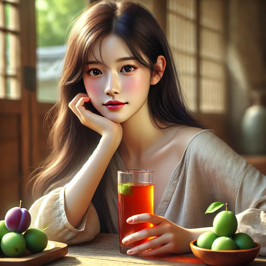 긴 흑발을 가진 젊은 한국 여성이 나무 테이블에서 매실 주스를 마시는 모습. 따뜻한 햇살이 비치는 아늑한 한국식 주방 또는 카페 배경.