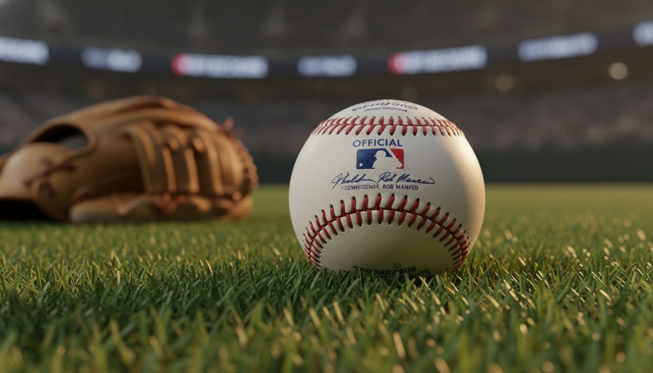 야구 중계 시청을 위한 헤드셋과 야구 장비들이 놓인 책상