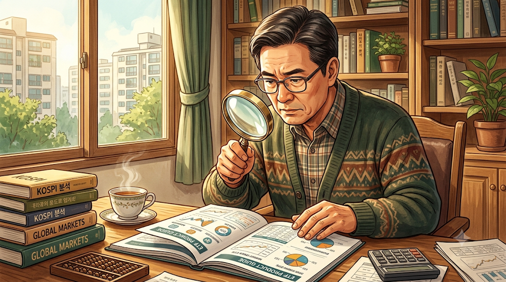 돋보기로 ETF 상품 설명서를 꼼꼼히 들여다보는 50대 투자자