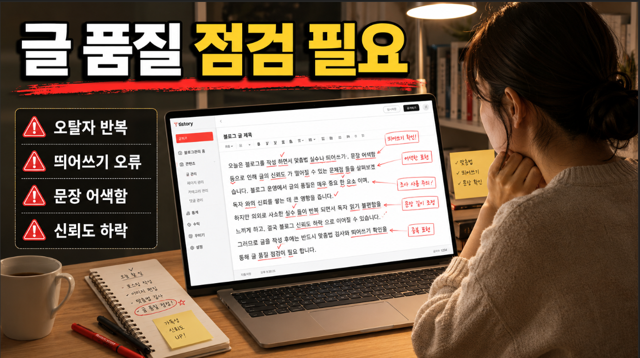 티스토리 블로그 글에서 오탈자와 띄어쓰기 오류로 신뢰도가 떨어지는 문제 상황 이미지