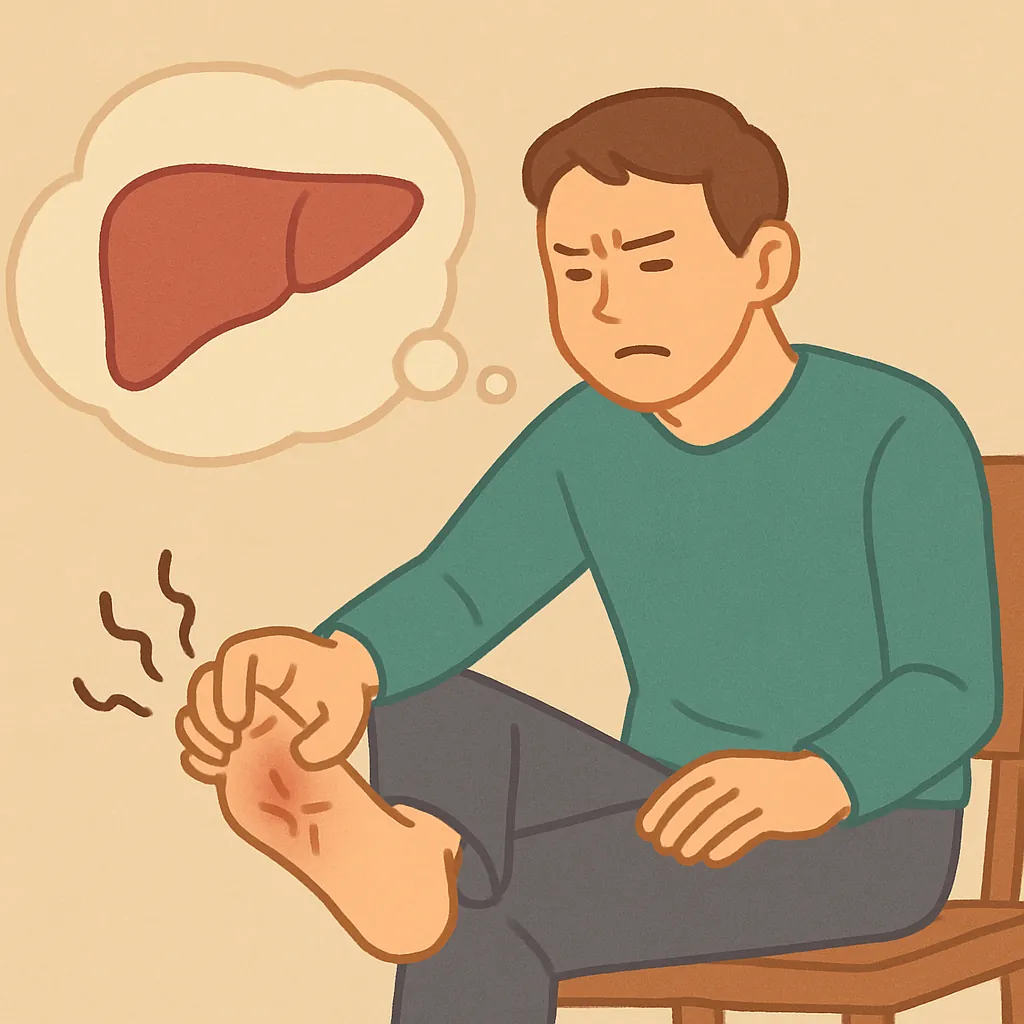 발바닥을-긁으며-간과의-관련성을-생각하는-남성의-일러스트