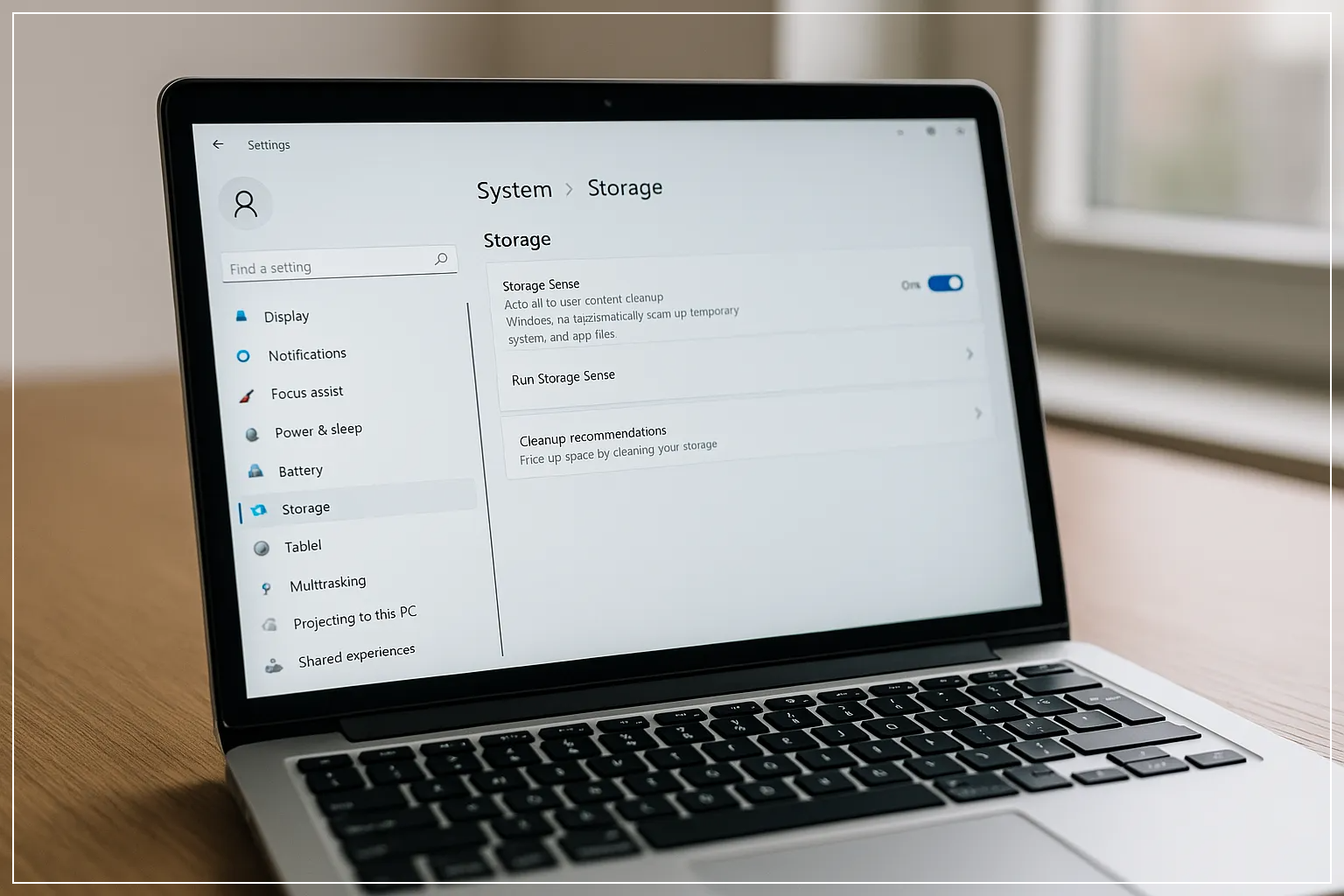 윈도우 저장소 설정 페이지에서 Storage Sense 기능이 활성화되어 있는 모습