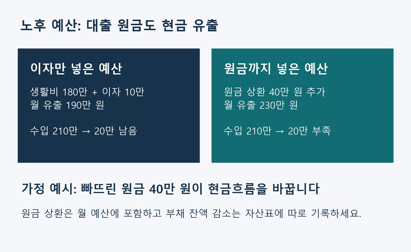 생활비 180만 원과 이자 10만 원만 넣으면 20만 원이 남지만 원금 상환 40만 원까지 넣으면 월 20만 원이 부족해지는 가정 비교 도표