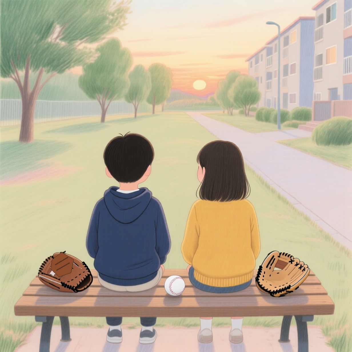 저녁 벤치에 나란히 앉은 두 아이와 두 개의 야구 글러브, 가운데 놓인 공을 그린 로컬 AI 상상 이미지