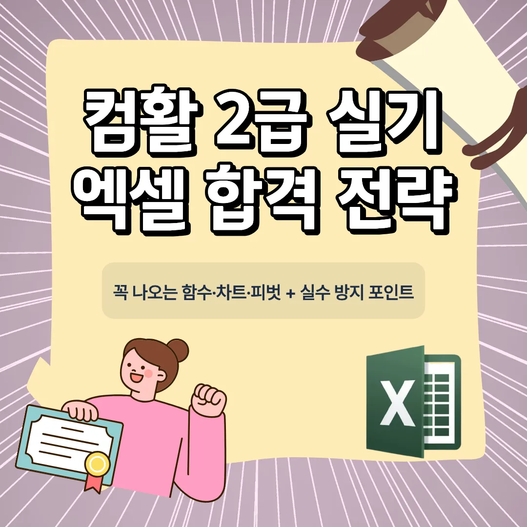 컴활 2급 실기 엑셀 합격 전략 표지 이미지(함수·차트·피벗·실수 방지)