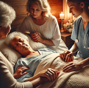 호스피스에서 가족과 함께하는 마지막 순간, 사랑과 평온이 가득한 장면