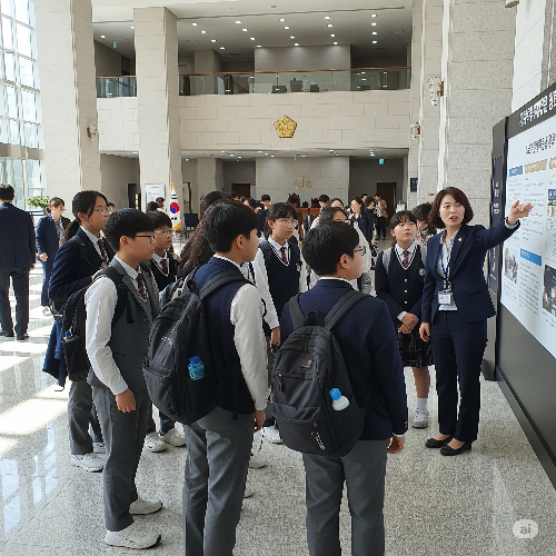 중1학생의 자유학기제 진로체험 중 법원 견학을 하는 모습