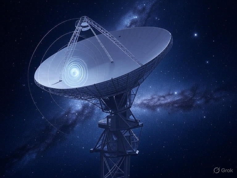 깊은 우주를 배경으로 거대한 전파 망원경이 별빛 사이로 신호를 포착하는 장면. 은하계의 은은한 빛과 전파 신호를 시각화한 파동이 어우러진 신비로운 이미지
