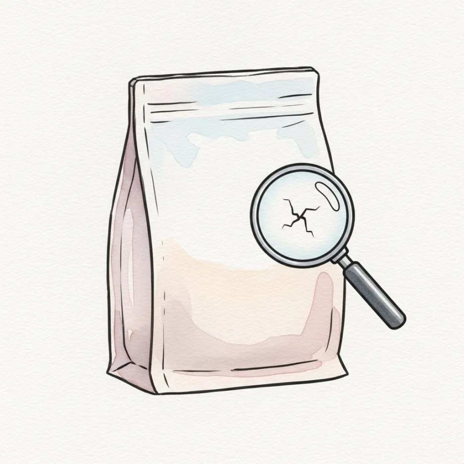 사료 파우치를 돋보기로 살펴보는 모습