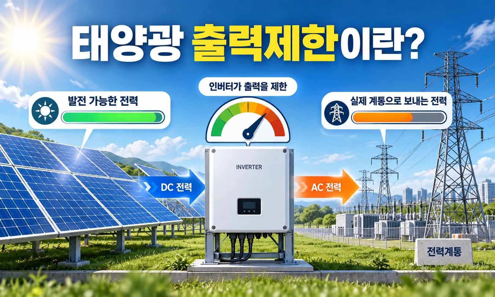 태양광 발전 가능 전력과 실제 계통 출력의 차이를 보여주는 출력제한 개념 인포그래픽
