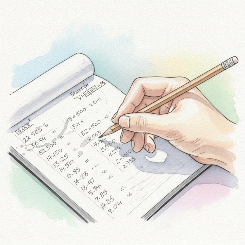노트에 수치를 계산하는 손을 묘사한 수채화