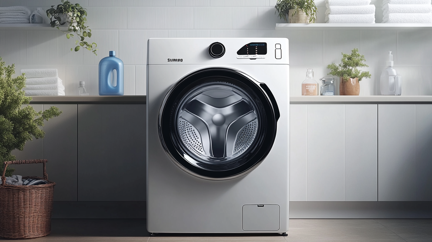 시각적으로 깔끔한 세탁실에 위치한 고에너지 효율과 친환경성을 강조하는 삼성 세탁기