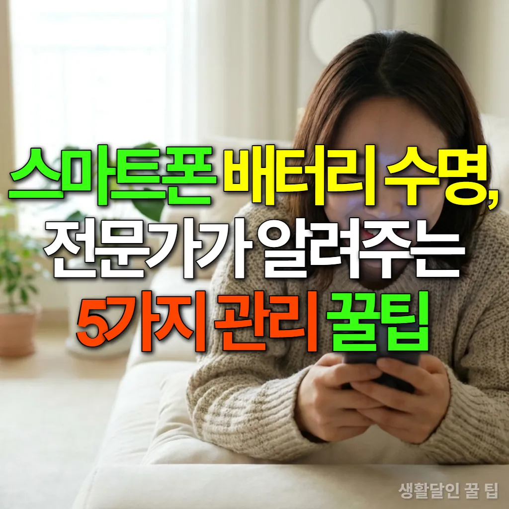 거실 소파에 앉아 스마트폰을 보고 있는 젊은 한국 여성