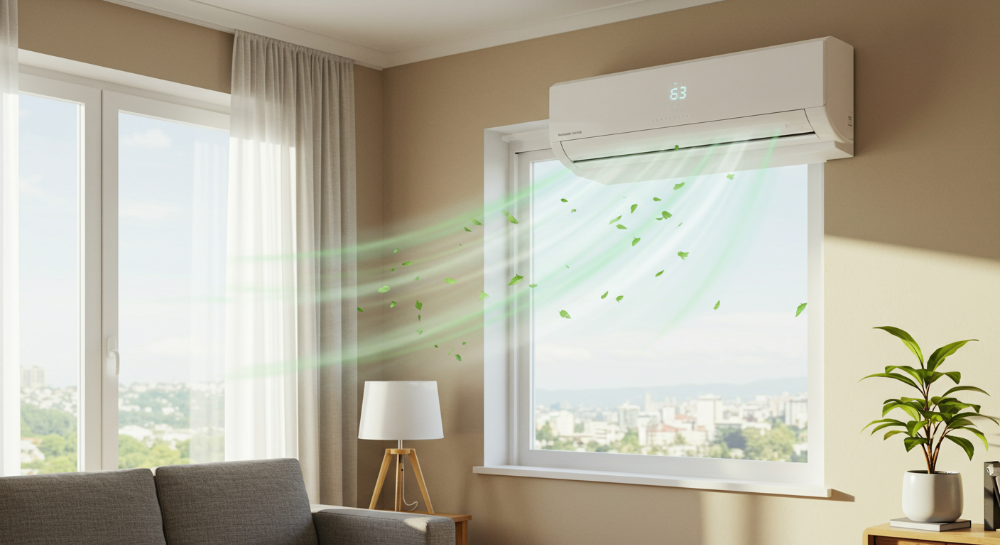 창문형 에어컨에서 나오는 시원하고 깨끗한 바람이 방 안의 불쾌한 냄새를 제거하는 모습, 쾌적하고 상쾌한 실내 환경을 시각적으로 표현.