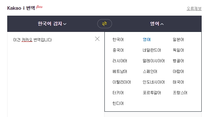다양한 국가의 지원 언어 목록이 표시된 화면