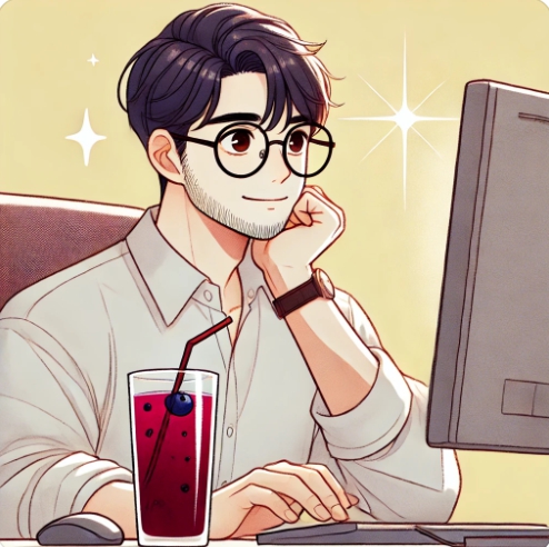 눈에 좋은 음료를 두고 일을 하는 모습을 표현한 이미지