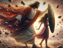 예수님이 방패를 들고 소녀를 지치는 사진