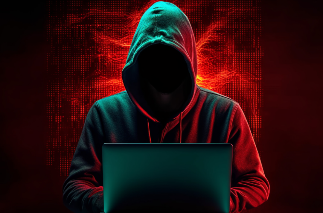후드를 쓴 남자가 노트북으로 해킹을 하고 있다.