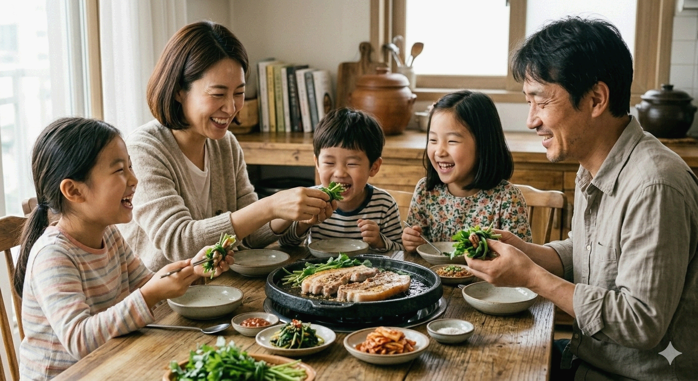 가족과 함께 미나리 삼겹살 먹는 사진