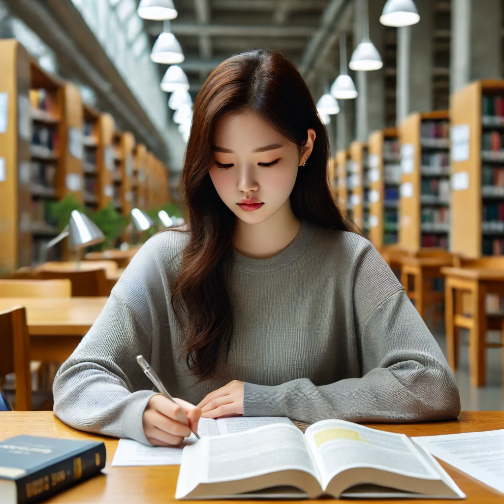 도서관에서 시험 준비 책을 보며 노트에 필기하는 젊은 여성