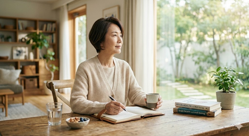 아늑하고 햇살이 드는 거실 서재 책상에 앉아, 따뜻한 차를 마시며 다이어리에 기록을 하고 있는 50대 여성의 평온한 모습