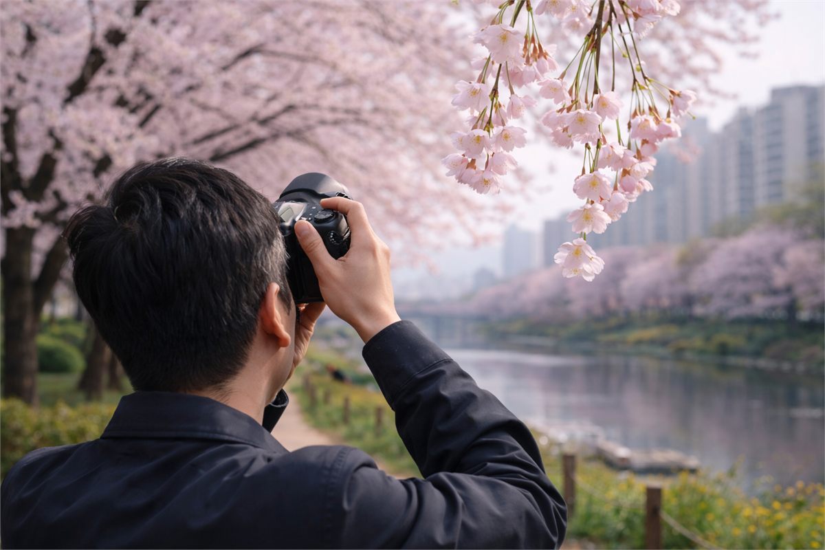 벚꽃 아래에서 위쪽 가지를 촬영하는 사람의 모습