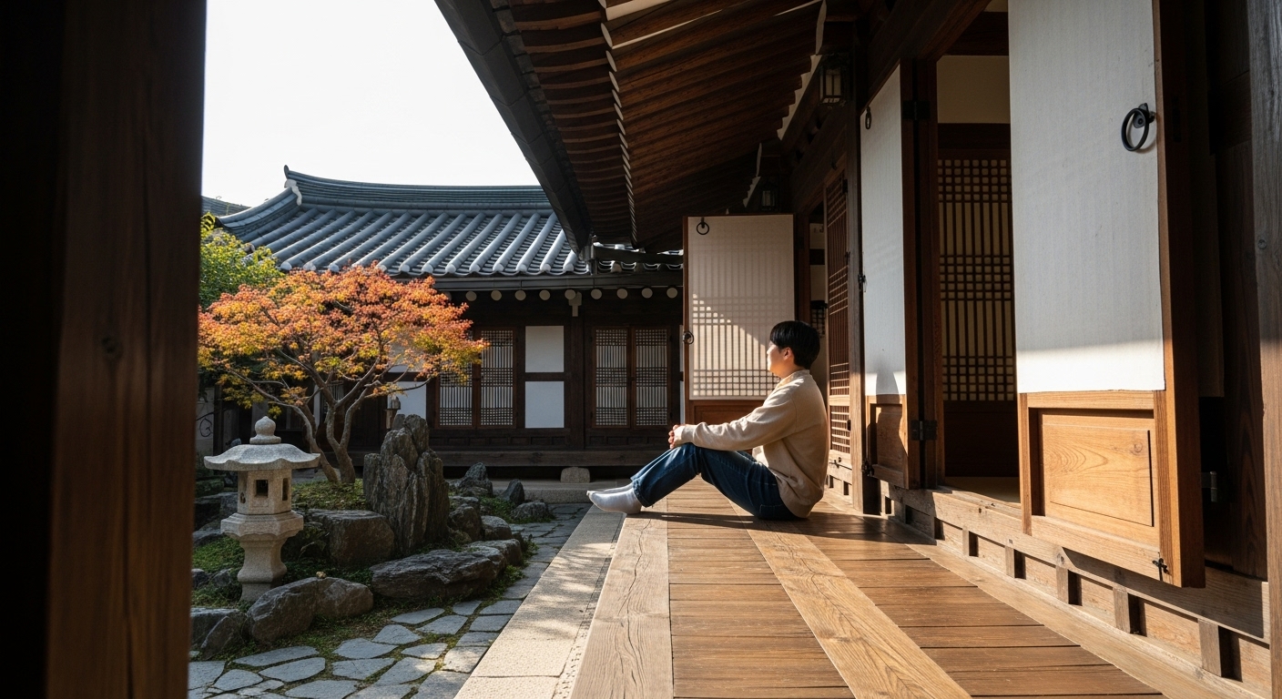 요한 한옥의 툇마루**에 한 사람이 편안한 자세로 앉아 있습니다