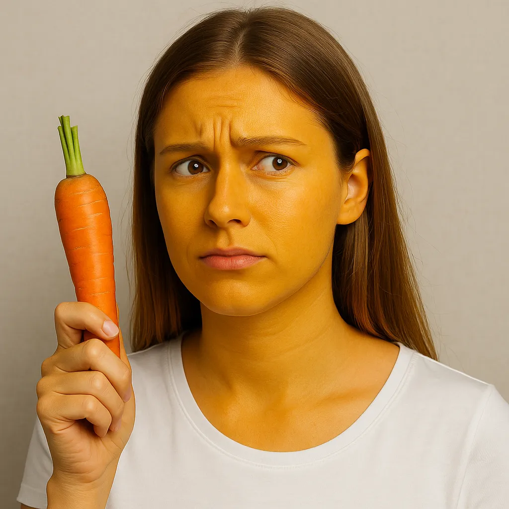 당근을-많이-먹어서-피부색이-노랗게-변한-것처럼-보이는-여성이-당근을-들고-의문스러운-표정을-짓는-장면으로,-베타카로틴-과다섭취와-피부색-변화를-상징적으로-표현한-이미지