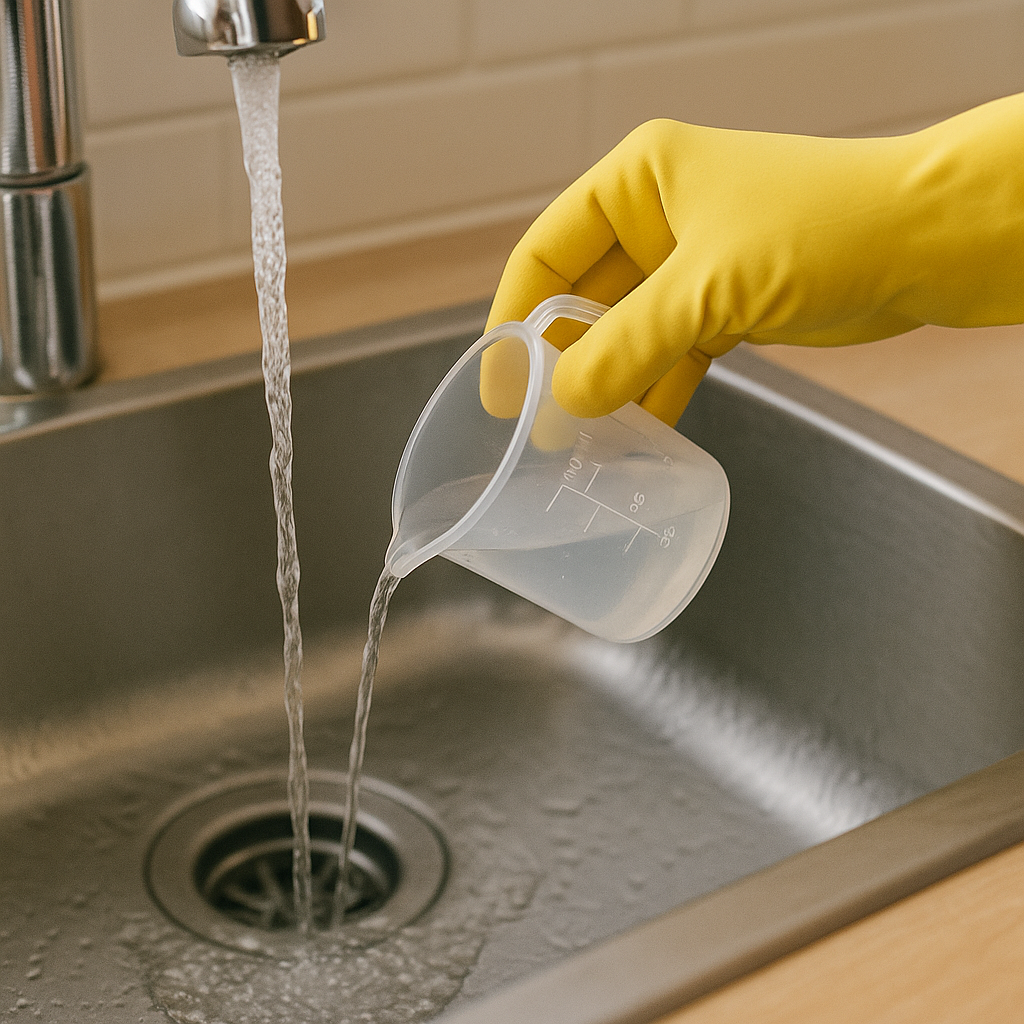 싱크대에서 희석한 용액을 흘려보내고 추가로 물을 틀어 관세척하는 장면