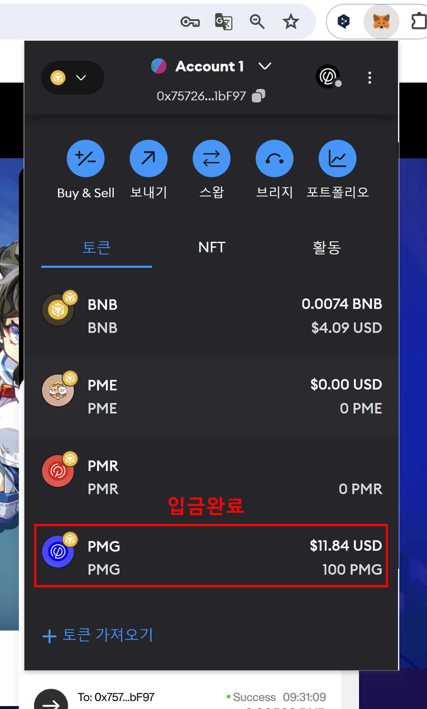 PMG토큰 메타마스크로 입금완료