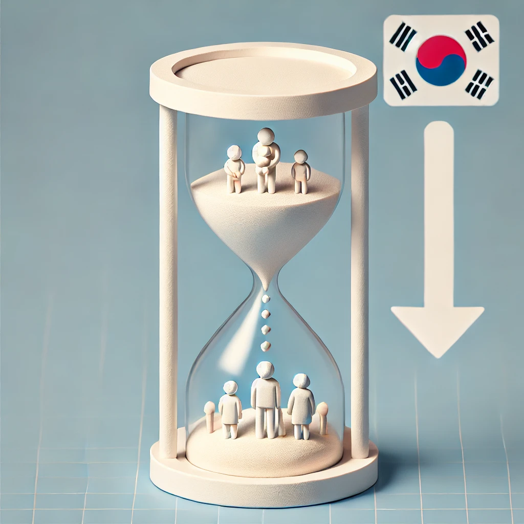 좁아지는 모래시계 형태로 출산율 감소와 고령화를 나타낸 그림